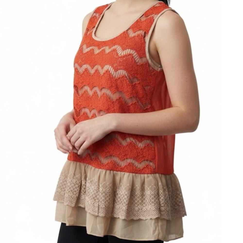 Ryu Lacy Sheer Flounced Ruffle Sleeveless Top with Open Back Bow Tie- NWT Sz. Lg